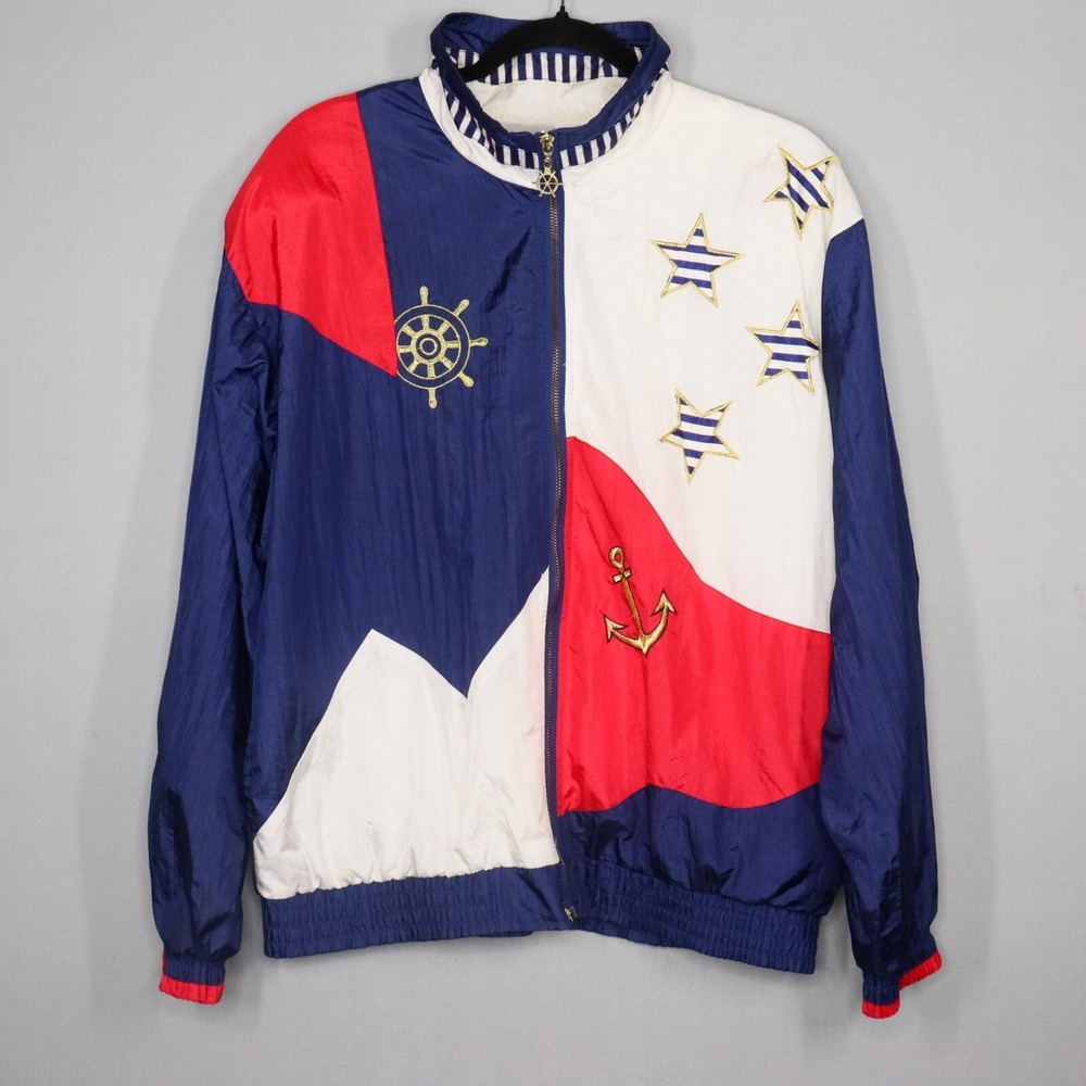 Vintage Lavon Mens Jacket Size L Nylon Windbreaker Nautical Sailor Embroidered